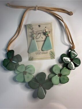 Handmade Tagua Green Floral Statement Necklace with Matching Earrings & Gift Bag